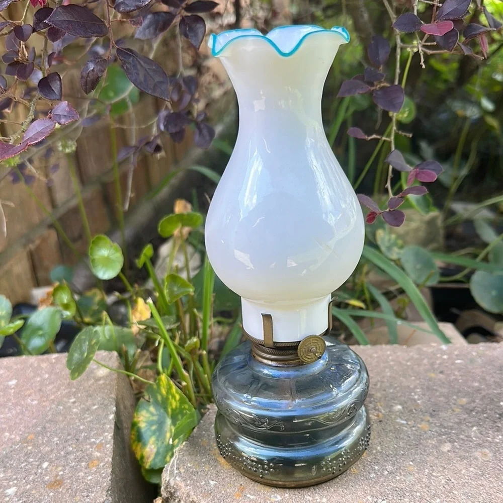Vintage Three Star brand Glass Oil Lamp with White and Blue Accents